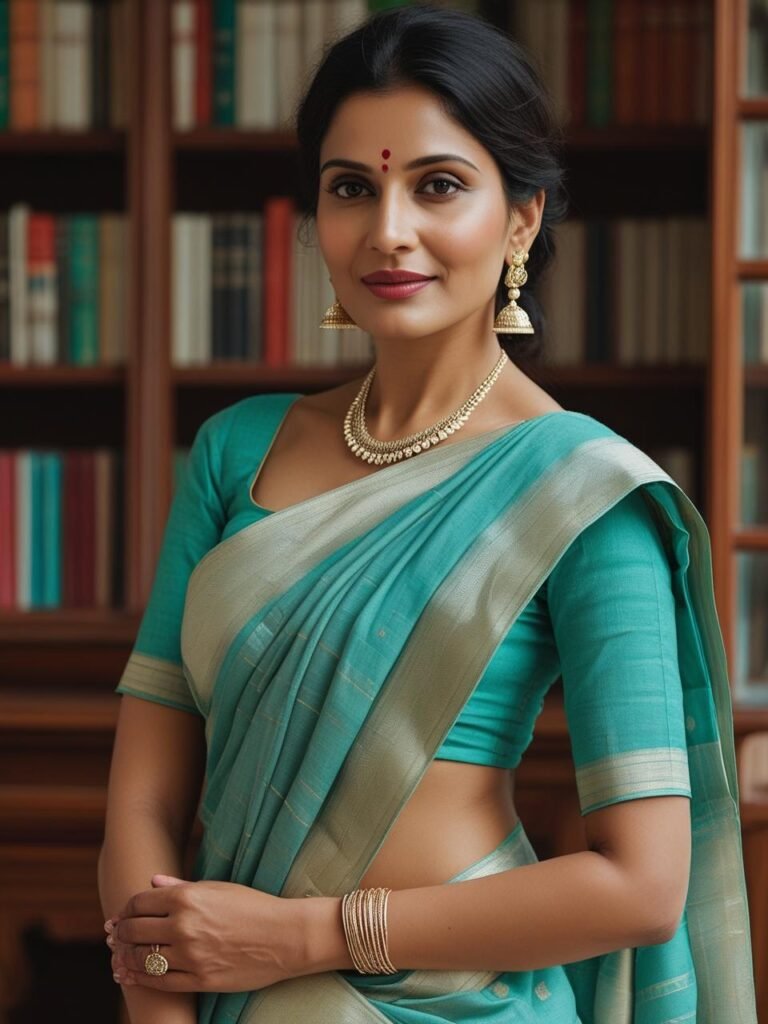 45-year-old Indian woman in handloom cotton saree with light jewellery posing indoors near bookshelf in natural light.