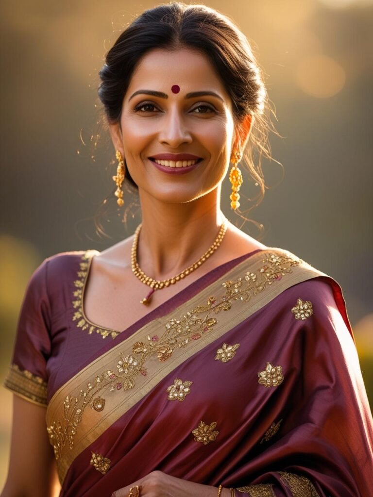 Confident Indian woman in burgundy silk saree with embroidery standing outdoors in golden light, wearing bindi and gold earrings