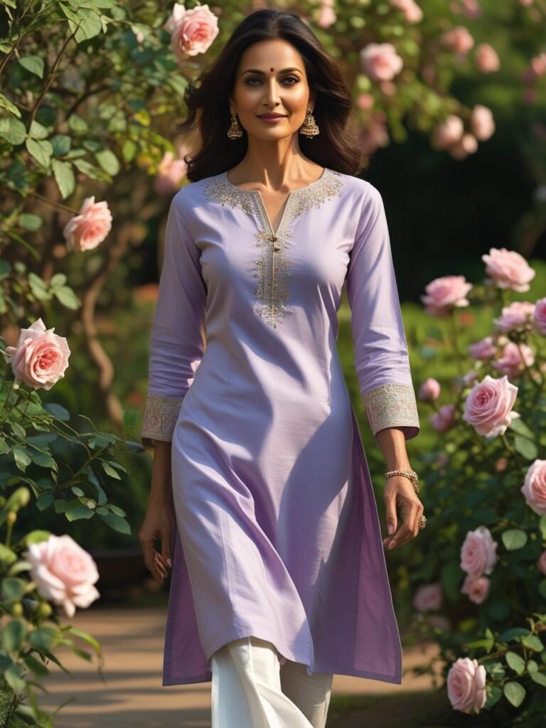 Indian woman in pastel lavender embroidered kurta and white palazzos walking in rose garden