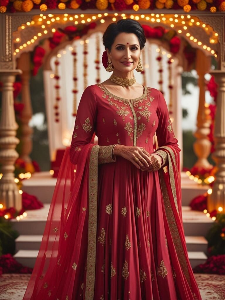 Elegant Indian woman in crimson Anarkali suit with gold embroidery standing at festive mandap