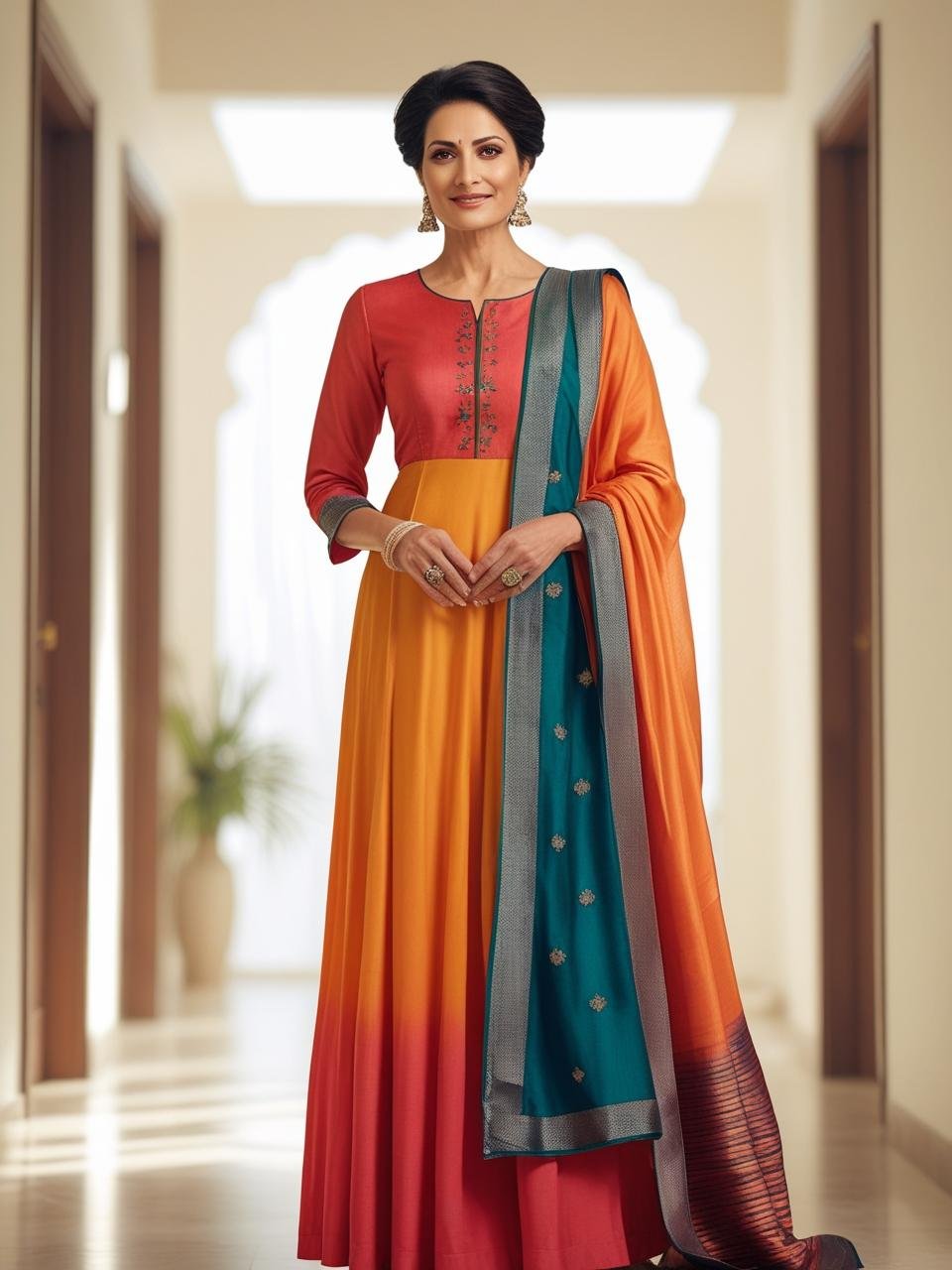 Indian woman in jewel-toned salwar kameez with contrasting dupatta standing indoors