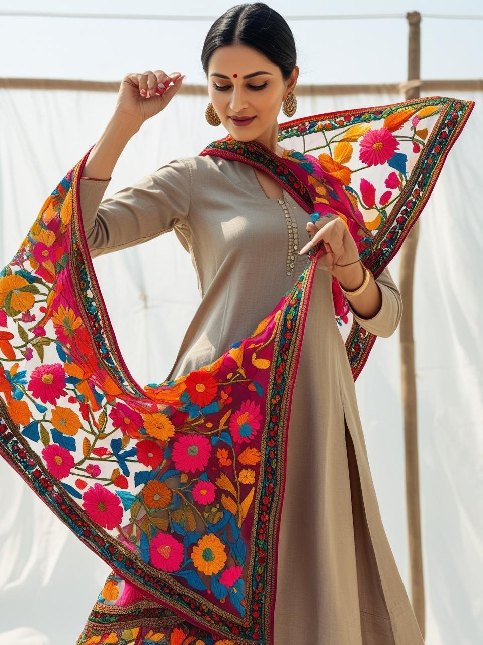 Indian woman twirling in vibrant embroidered phulkari dupatta over plain kurta.