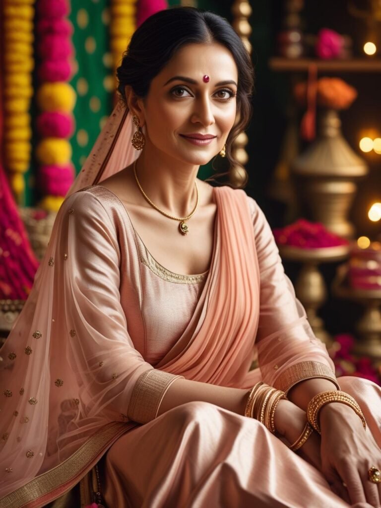 Elegant Indian woman in peach and rose gold lehenga with gold bangles and necklace in festive setting
