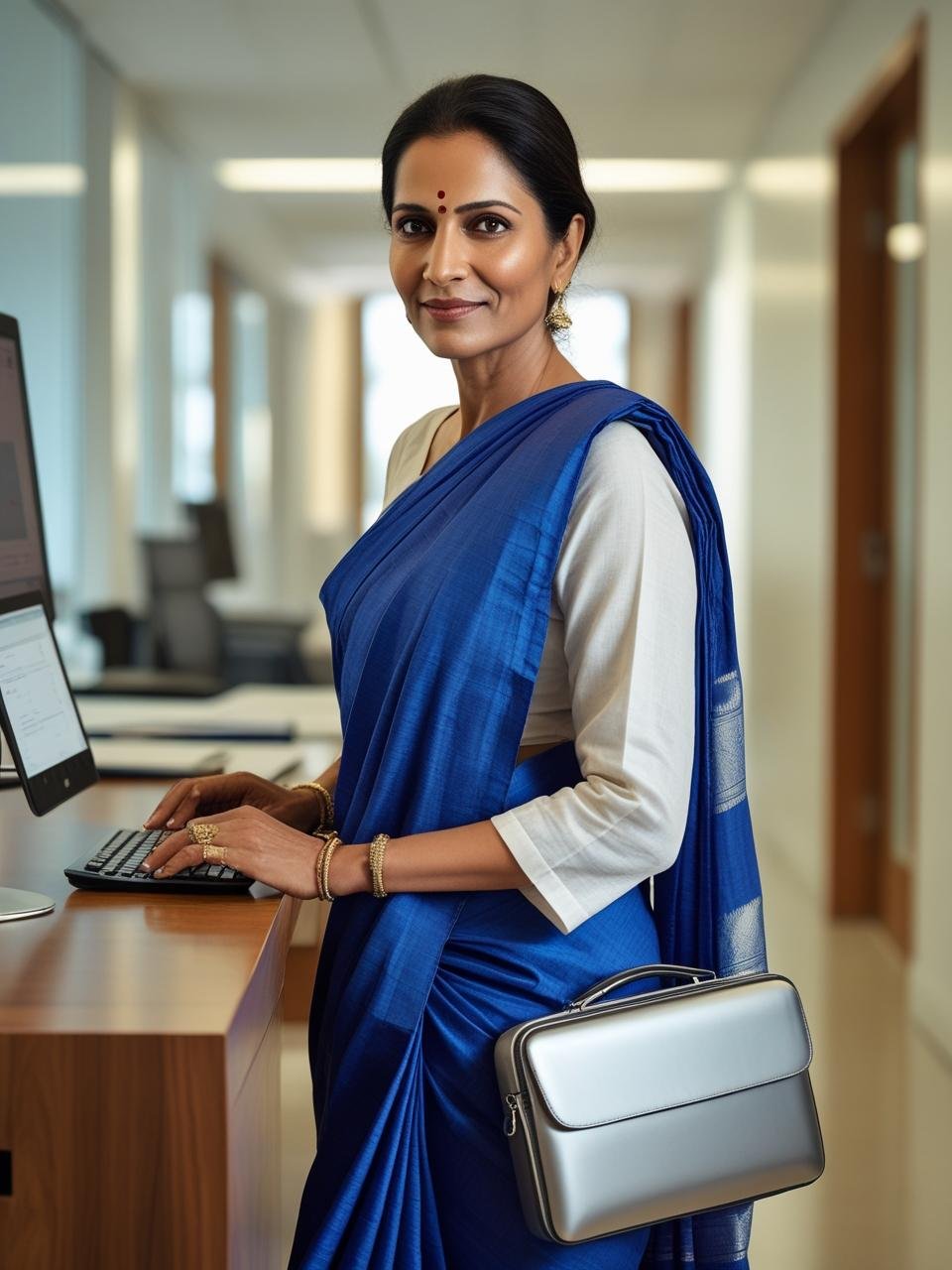 Confident Indian woman in blue saree or white kurta working at desk or walking in office with laptop bag