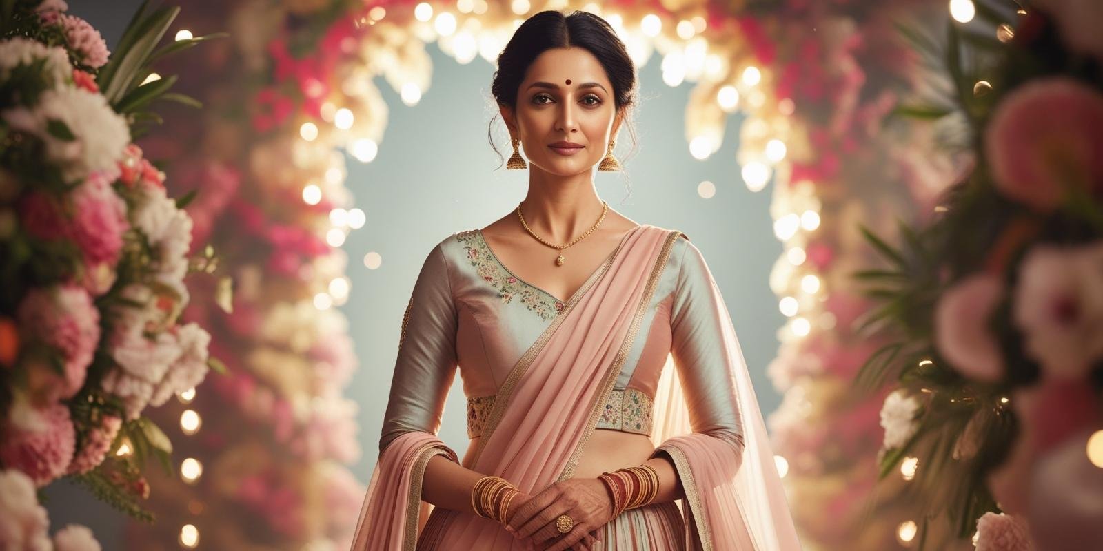 Indian woman in pastel silk lehenga with embroidery and tunic top standing against floral festive background