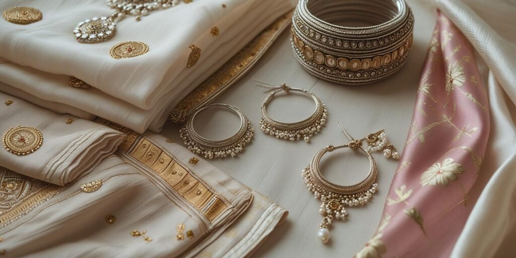 Close-up of cotton fabric swatches with embroidered Indian tunic, silk
scarf with gold details, and silver-gold bangles and earrings in natural light.