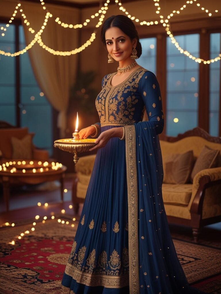 Elegant Indian woman in her forties wearing a blue Anarkali with
golden details, holding a diya or gift platter in a living room decorated with fairy
lights.