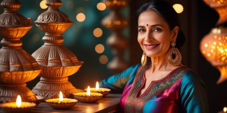 :Elegant Indian woman aged 45-55 wearing a festive silk kurta set with statement earrings, smiling near Diwali diyas and lanterns in warm golden light.