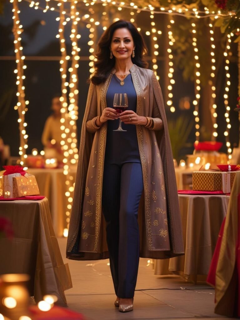 Fashionable Indian woman over 40 wearing a cape kurta with pants or jacket