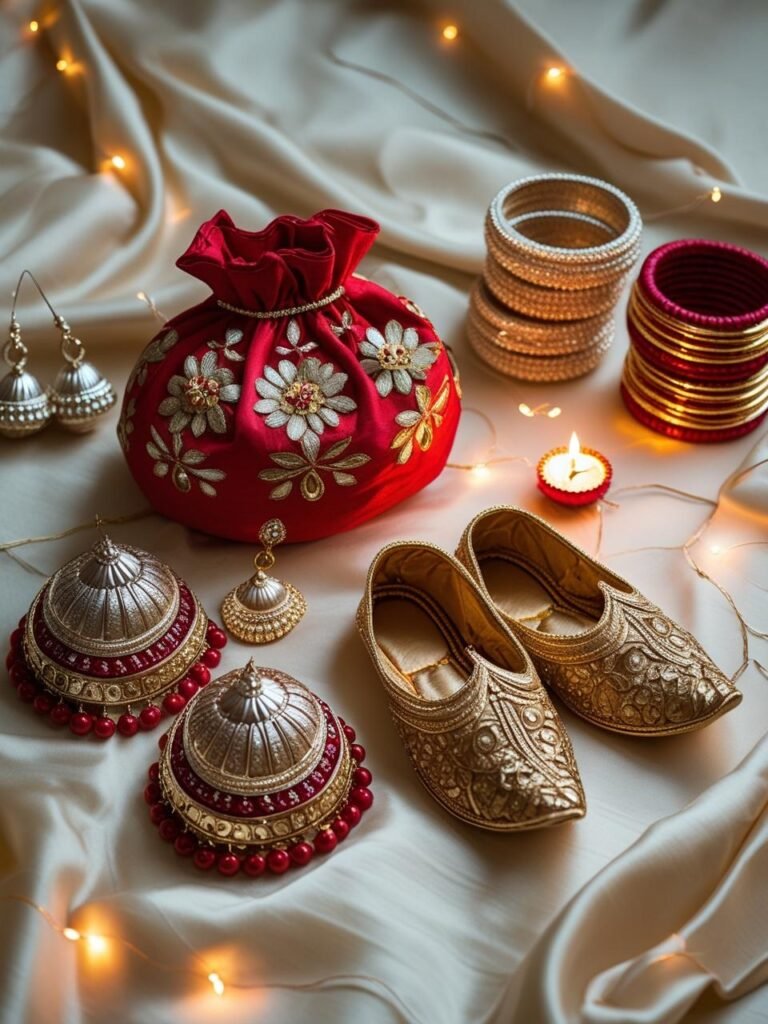 Flat lay photo of Diwali accessories: jhumkas, potli bag, mojaris,
gajra, bangles, and diya arranged on fabric or wood with fairy lights.