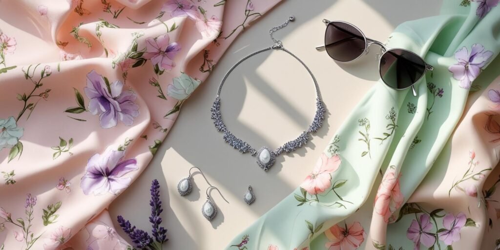 Overhead view of soft floral cotton fabrics with silver accessories and
eyewear, styled for summer fashion.