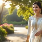 Professional Indian woman in elegant white cotton attire walking outdoors in a sunny park, carrying a jute bag with green plants and trees in the background.