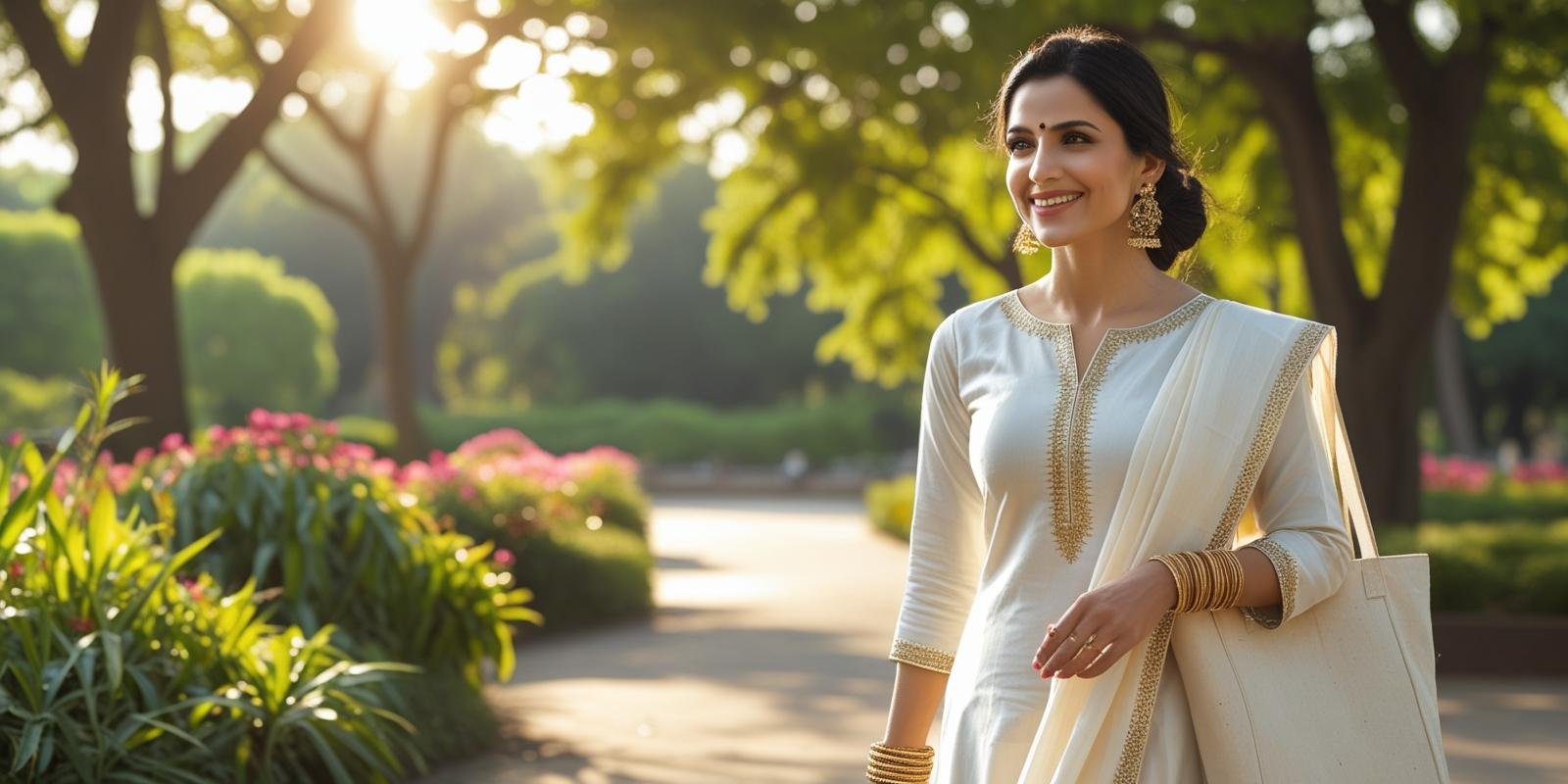 Professional Indian woman in elegant white cotton attire walking outdoors in a sunny park, carrying a jute bag with green plants and trees in the background.