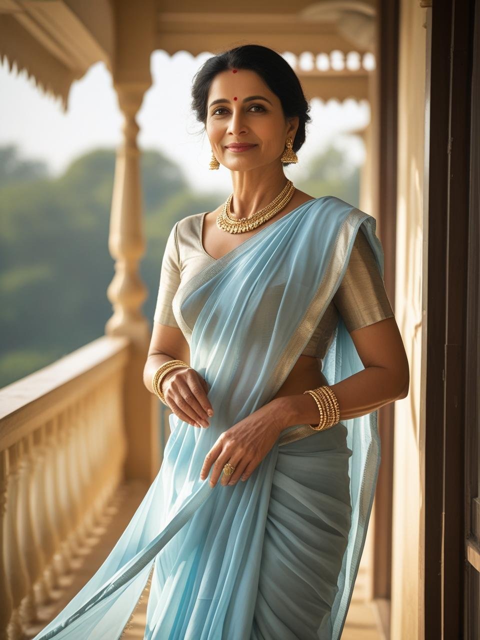 Elegant Indian woman in her 40s wearing a chiffon saree, standing confidently on a breezy shaded balcony with a relaxed, graceful expression.