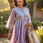 Indian woman aged 45–55 in pastel cotton kurti with tote bag walking in sunlit garden smiling