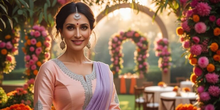 Indian woman in her 40s wearing a pastel silk saree with perfect pleats, minimal jewellery, standing confidently by a sunlit window, showcasing a graceful and sophisticated look.