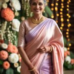 Elegant Indian woman in her 50s wearing a pastel silk saree with minimal jewelry, smiling at a flower and light-decorated wedding venue.