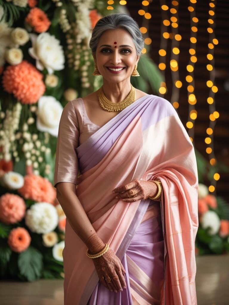 Elegant Indian woman in her 50s wearing a pastel silk saree with minimal jewelry, smiling at a flower and light-decorated wedding venue.