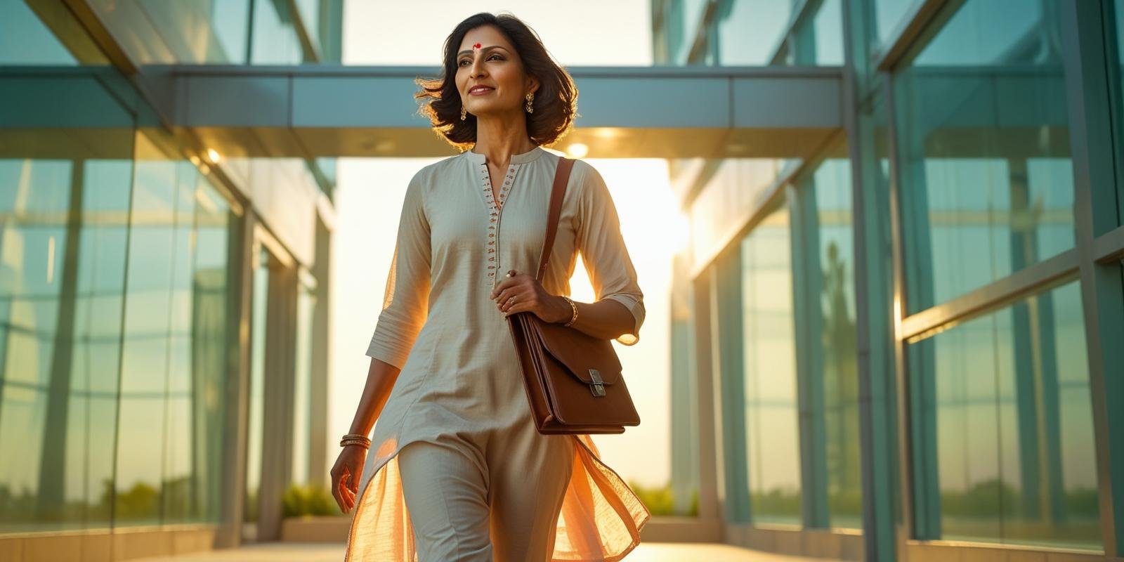 Indian woman in light cotton kurta with laptop bag walking into office building in morning sun
