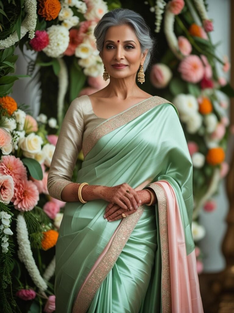 Mature Indian woman over 50 in emerald green or pastel pink silk
saree with elbow-length blouse, posing elegantly near floral wedding decor.