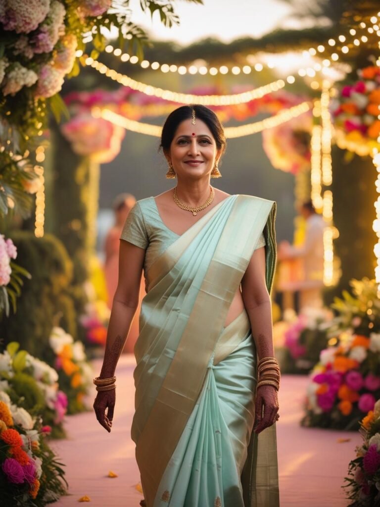 Indian woman over 40 wearing a light pastel silk saree with minimal
jewelry, walking through an outdoor wedding venue with flowers and fairy
lights.