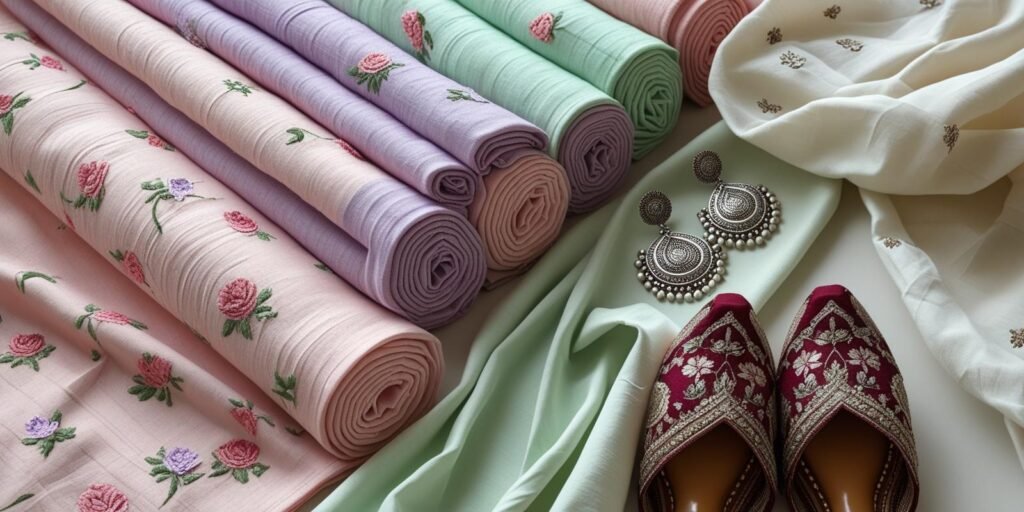 Flat lay of pastel floral cotton fabric rolls, folded cotton kurta, silver
earrings, and ornate juttis, highlighting soft textures and intricate Indian accessory
details.