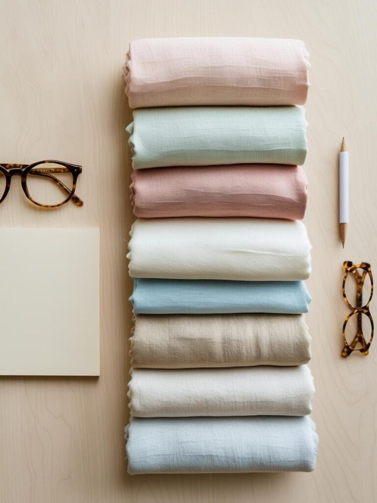 Flat lay of pastel cotton mulmul linen rayon modal fabrics with
notepad and glasses