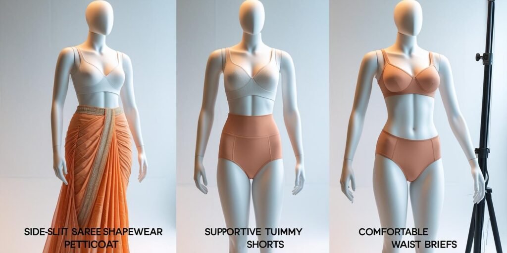 Three types of Indian saree shapewear on mannequins: side-slit
petticoat, tummy control shorts, and high-waist briefs made from lightweight
summer fabrics, labeled against a minimal studio background.