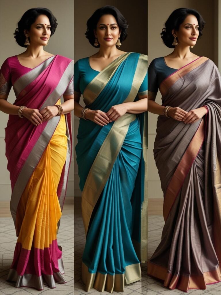 Plus-size Indian woman in Nivi Seedha Pallu and Bengali
saree drapes side by side in studio.