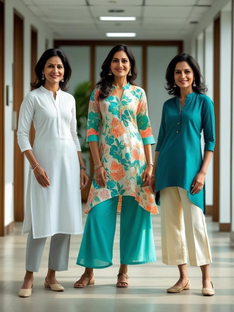 Three Indian women 40–55 in cotton kurta trousers A-line kurta
palazzos and Indo-western tunic cropped pants in office