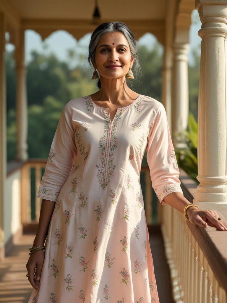 Indian woman aged 50 in pastel floral A-line cotton kurti with
3/4 sleeves standing on balcony in summer light.