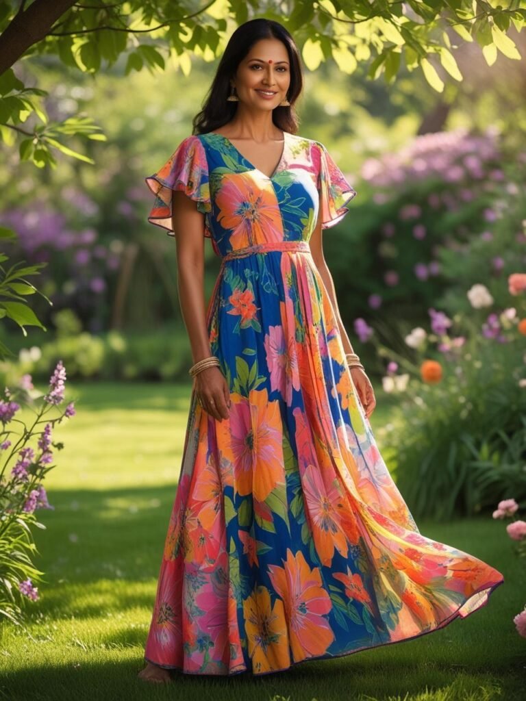 Indian woman in her 40s wearing a floral rayon maxi dress, standing in a
sunny garden with a breezy, relaxed summer vibe.