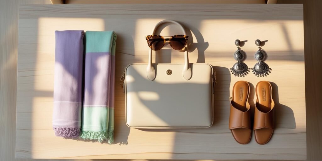 Flat lay of cotton stole laptop tote sunglasses oxidized
earrings block-heel sandals on wooden desk with sunlight