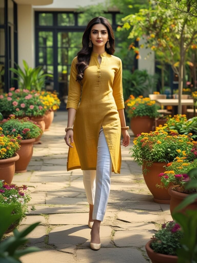 Indian woman in a mustard linen kurta with white trousers, walking through
an office garden or outdoor café, showcasing professional summer fashion.