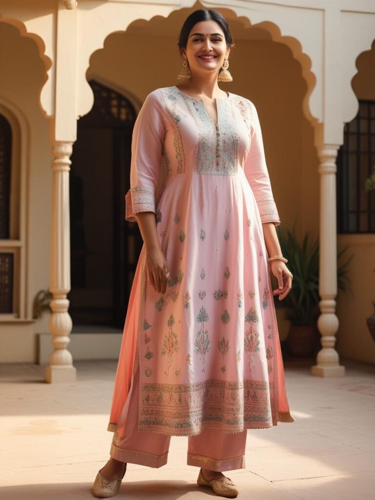 Plus-size Indian woman aged 45 in pastel chikankari kurti
and palazzo with jhumkas standing in courtyard