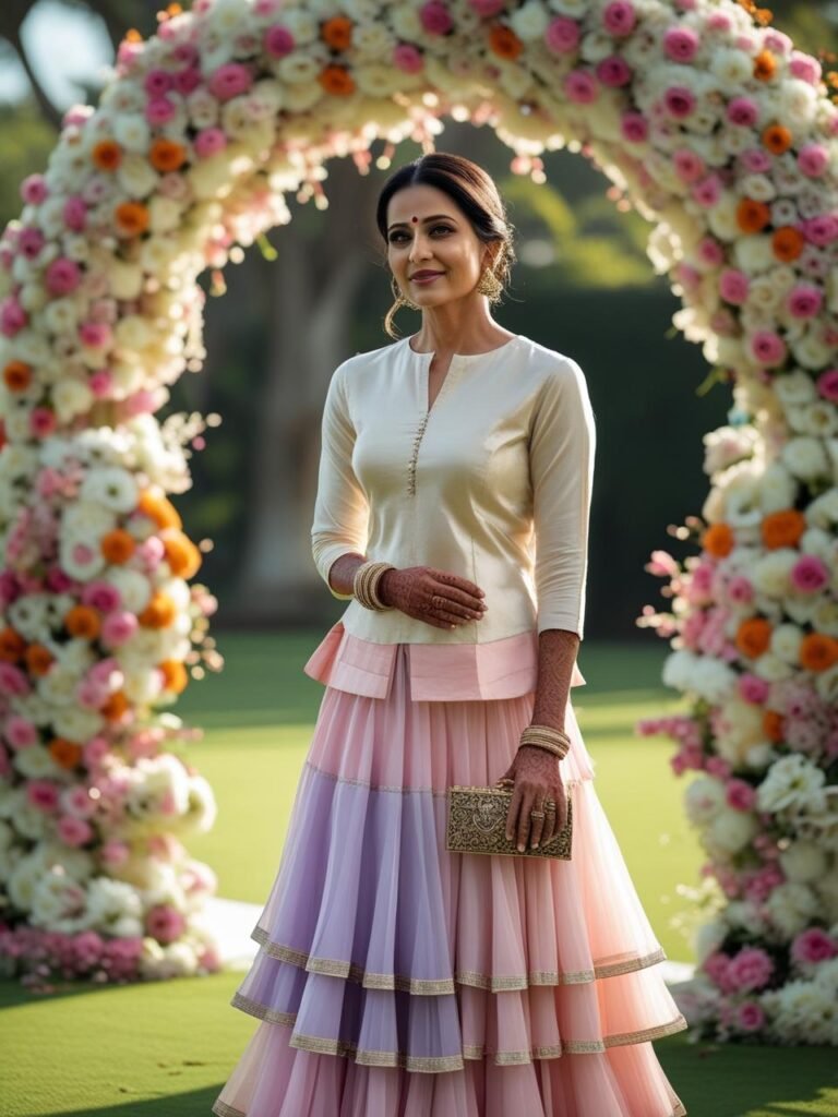 Indian woman over 40 in a pastel saree with boat-neck elbow-sleeve
blouse, showing elegant and mature style.