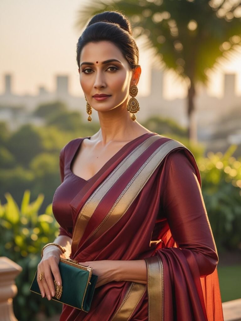 Indian woman in deep-hued silk saree with gold earrings and
clutch standing outdoors in golden light.