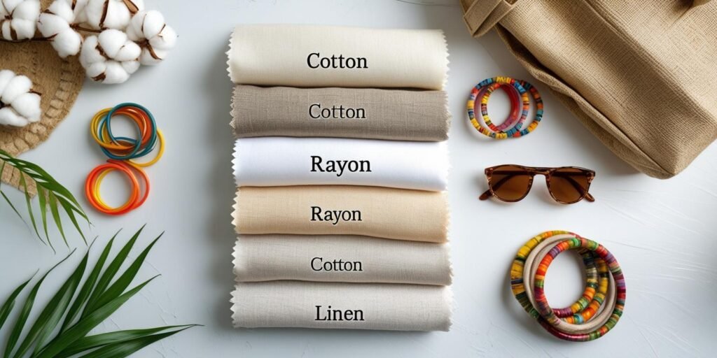 Flat lay of folded cotton, rayon, and linen fabric swatches labeled with
names, styled with sunglasses, bangles, and a jute bag for summer.