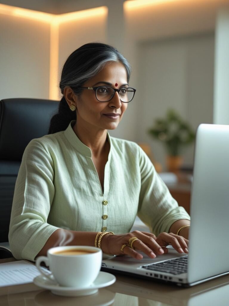 Indian woman aged 50 in pastel linen kurta with glasses
typing on laptop at office desk with coffee