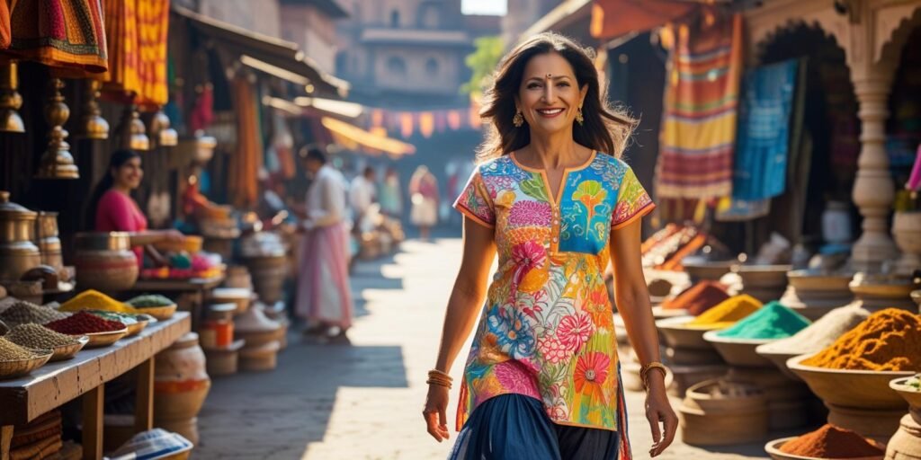 Indian woman over 40 in short printed kurti with cotton skirt
or denim jeans walking in marketplace
