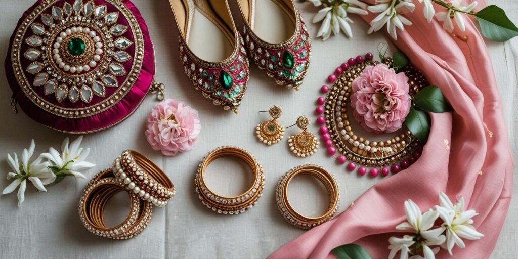 Flat lay of folded saree with pearls, traditional earrings, potli purse,
bangles, and slip-on sandals arranged on pastel fabric.