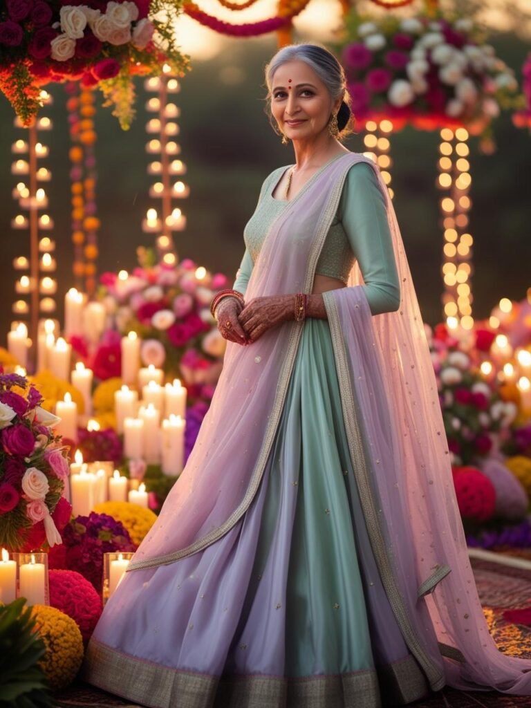 Graceful Indian woman in her fifties wearing pastel lehenga with
mid-length kurti and dupatta, posing among outdoor wedding candles and floral
decor.