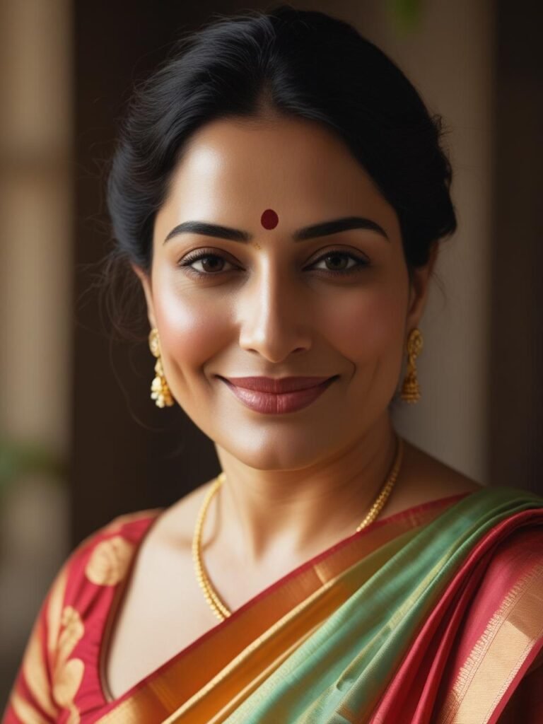 Close-up of Indian woman in silk saree with gold earrings
smiling confidently