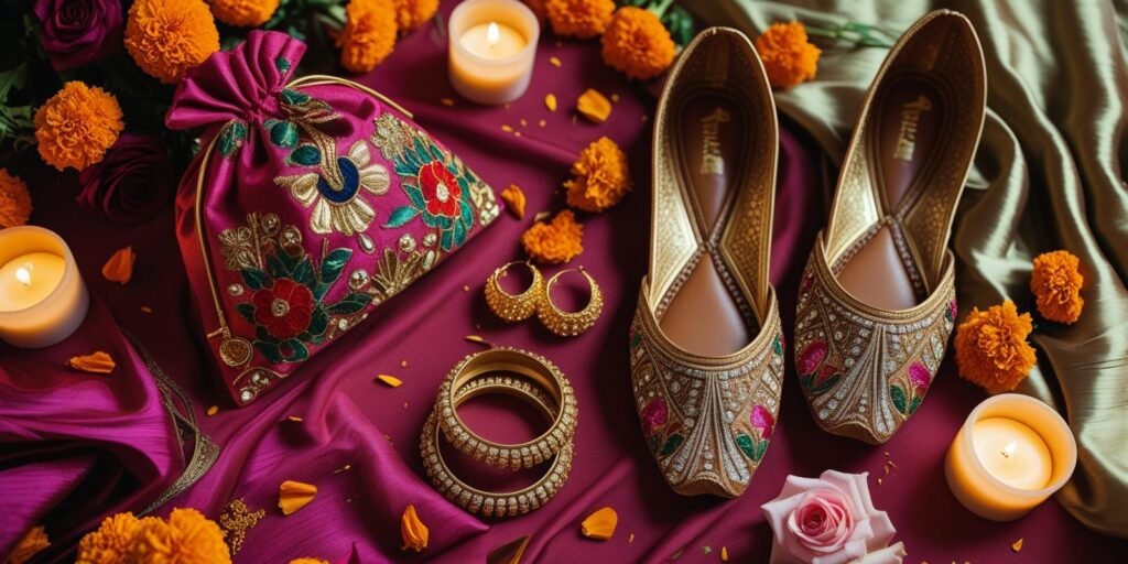 Flat lay of Indian wedding guest accessories: potli bag, golden
earrings, bangles, embroidered juttis, and fresh flowers styled with candles and
petals.