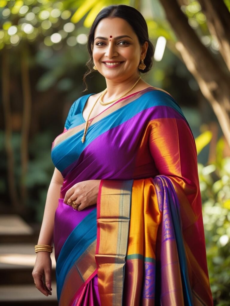 Plus-size Indian woman in vibrant silk saree with gold jewelry standing in sunlit garden.