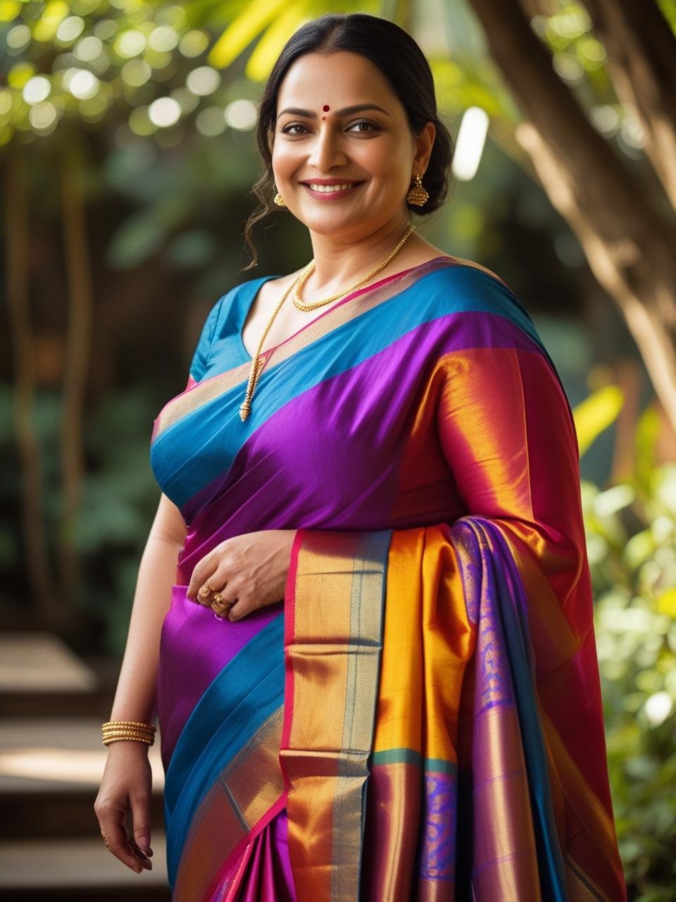 Plus-size Indian woman in vibrant silk saree with gold jewelry standing in sunlit garden.