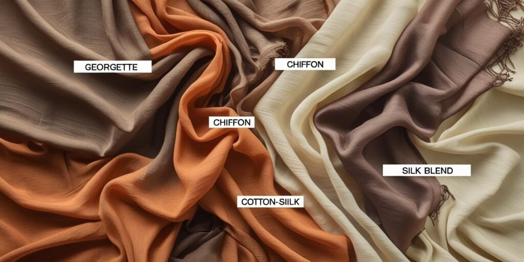 Flat lay of georgette chiffon cotton-silk and silk blend saree fabric
swatches in earthy tones