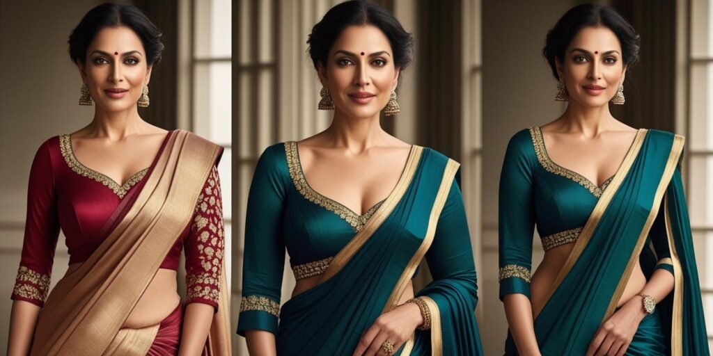 Plus-size Indian woman modelling sarees with V-neck boat neck
and sweetheart neckline blouses