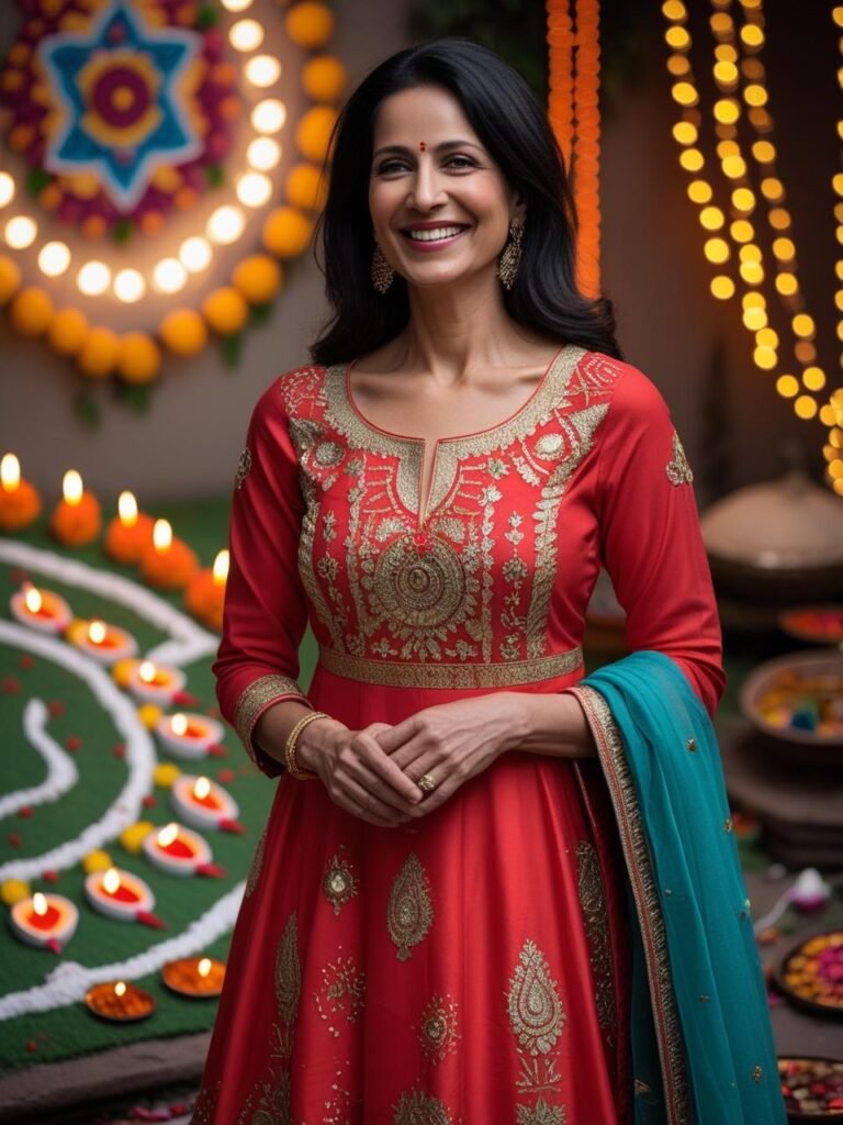 Indian woman aged 40+ wearing a festive A-line kurta with gold
embroidery and contrast dupatta, smiling near rangoli and diyas with Diwali
decor in background.