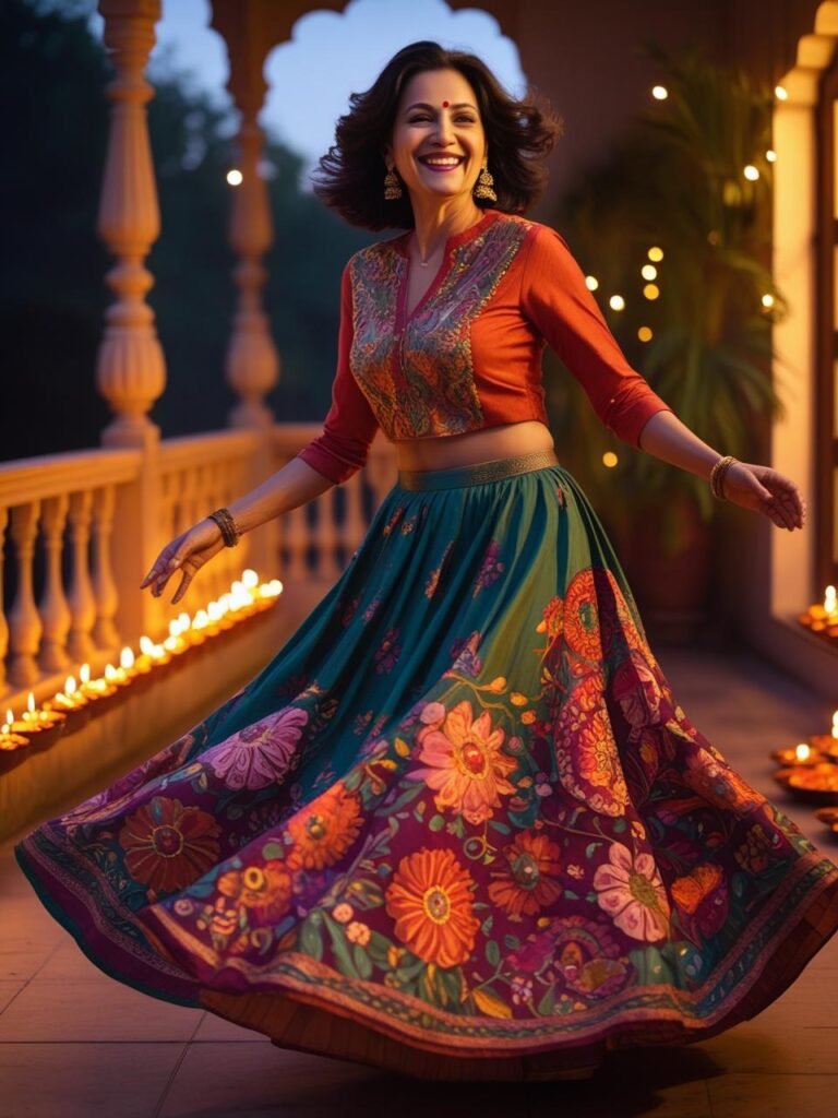 Indian woman over 45 wearing a festive printed skirt and kurti, twirling playfully near Diwali candles and lights with joyful, graceful energy.